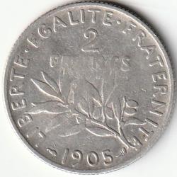 Pi&egrave;ce de Monnaie Argent France 2 francs Semeuse 1905 Rare Et Recherch&eacute;e