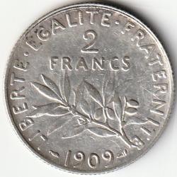 Pi&egrave;ce de Monnaie Argent France 2 francs Semeuse 1909 Rare Et Recherch&eacute;e