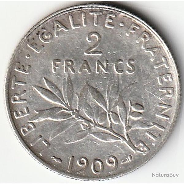 Pi�ce de Monnaie Argent France 2 francs Semeuse 1909 Rare Et Recherch�e