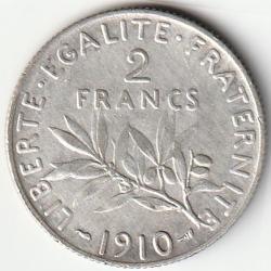 Pi&egrave;ce de Monnaie Argent France 2 francs Semeuse 1910 Rare Et Recherch&eacute;e