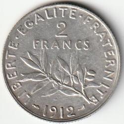 Pi&egrave;ce de Monnaie Argent France 2 francs Semeuse 1912 Rare Et Recherch&eacute;e