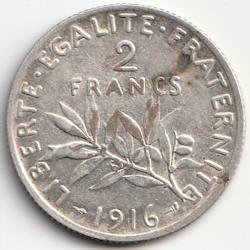 Pi&egrave;ce de Monnaie Argent France 2 francs Semeuse 1916