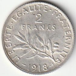 Pi&egrave;ce de Monnaie Argent France 2 francs Semeuse 1918