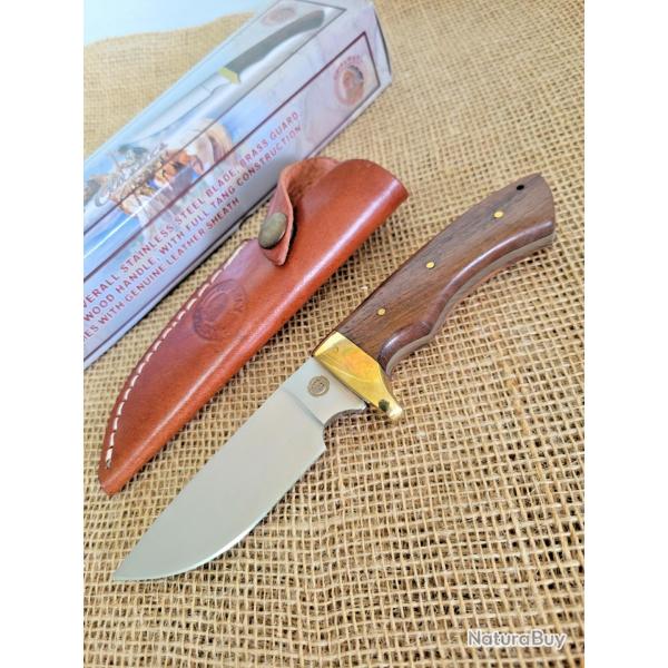 Couteau Chickasaw Skinner Rosewood Lame Acier 3Cr13 Manche Bois Etui Cuir Frost Cutlery 09RW