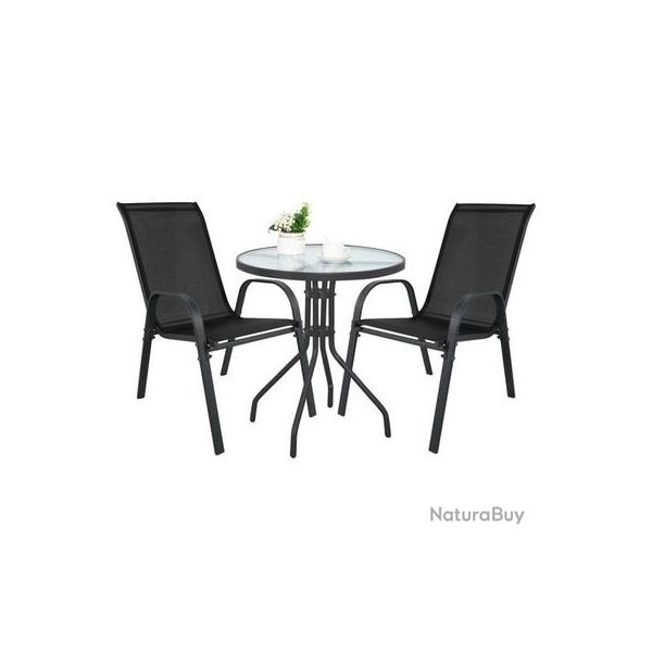 Ensemble de jardin table ronde 60 cm avec 2 chaises noires - Livraison Offerte 3-5 jours