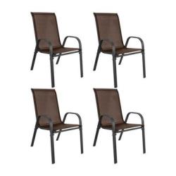 Lot de 4 chaises de jardin SOFIA marron, empilables, structure m&eacute;tal et assise - Livraison gratuite