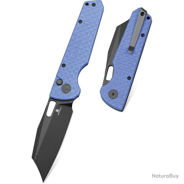 Couteau Bestechman Guardian Lame Acier D2 Black PVD Manche G10 Bleu Carbone Button Lock BTKMK11G