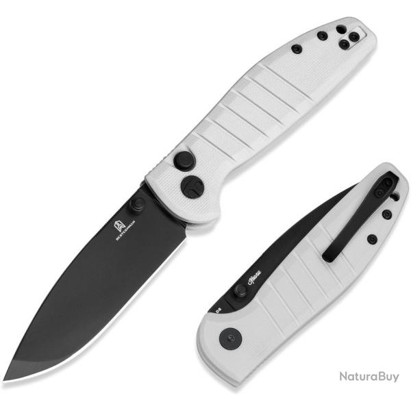 Couteau Pliant Bestechman Goodboy Jr Lame D2 Black PVD Manche G10 Blanc Button Lock BTKMK10I