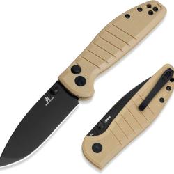 Couteau Pliant Bestechman Goodboy Jr Lame D2 Black PVD Manche G10 Kaki Button Lock BTKMK10F