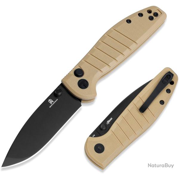 Couteau Pliant Bestechman Goodboy Jr Lame D2 Black PVD Manche G10 Kaki Button Lock BTKMK10F