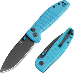 Couteau Pliant Bestechman Goodboy Jr Lame D2 Gris PVD Manche G10 Bleu Clair Button Lock BTKMK10D