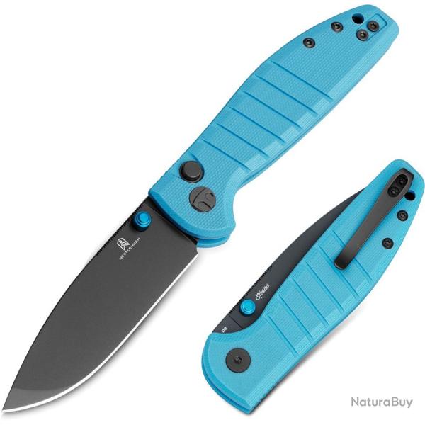 Couteau Pliant Bestechman Goodboy Jr Lame D2 Gris PVD Manche G10 Bleu Clair Button Lock BTKMK10D