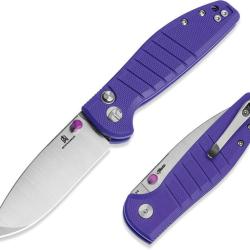Couteau Pliant Bestechman Goodboy Jr Lame D2 Stonewash Manche G10 Violet Button Lock BTKMK10C