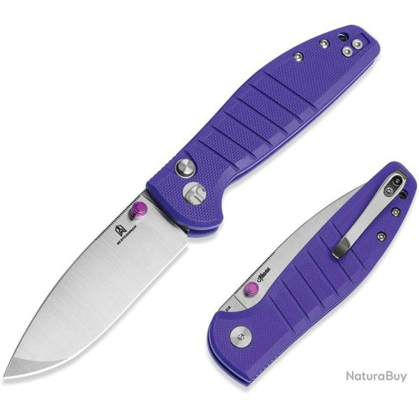 Couteau Pliant Bestechman Goodboy Jr Lame D2 Stonewash Manche G10 Violet Button Lock BTKMK10C