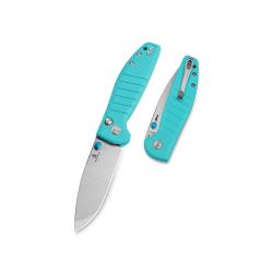Couteau Pliant Bestechman Goodboy Jr Lame D2 Stonewash Manche G10 Sarcelle Button Lock BTKMK10B
