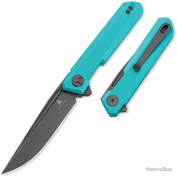 Couteau Bestechman Mini Dundee Lame Acier D2 Gris PVD Manche G10 Bleu Clair Double Detent BTKMK08E