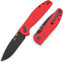 Couteau Pliant Bestechman Goodboy Lame Acier D2 Black PVD Manche G10 Rouge Button Lock BTKMK04L