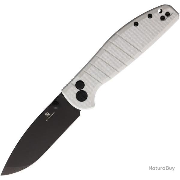 Couteau Pliant Bestechman Goodboy Lame Acier D2 Black PVD Manche G10 Blanc Button Lock BTKMK04J