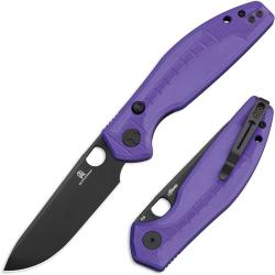 Couteau Bestechman Angry Owl Lame Acier D2 Black PVD Manche G10 Violet Button Liner Lock BTKMK12E2