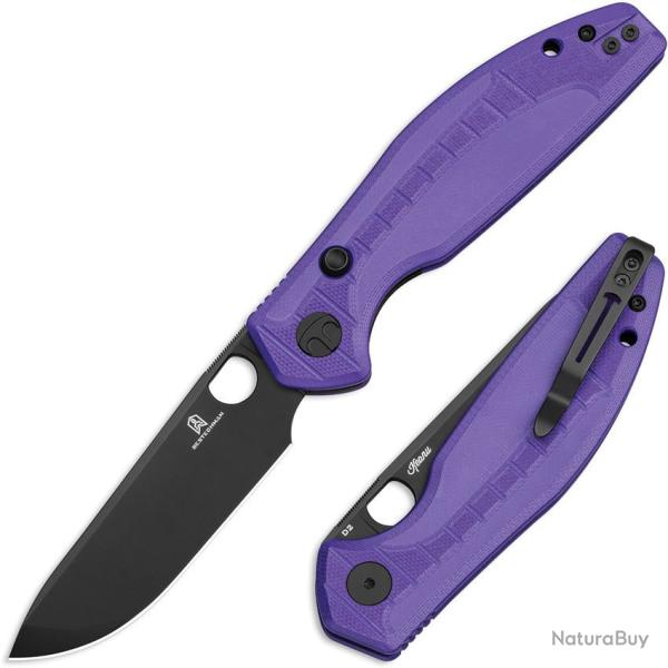 Couteau Bestechman Angry Owl Lame Acier D2 Black PVD Manche G10 Violet Button Liner Lock BTKMK12E2