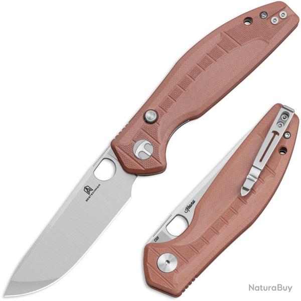 Couteau Bestechman Angry Owl Lame Acier D2 Stonewash Manche G10 Marron Button Liner Lock BTKMK12D1