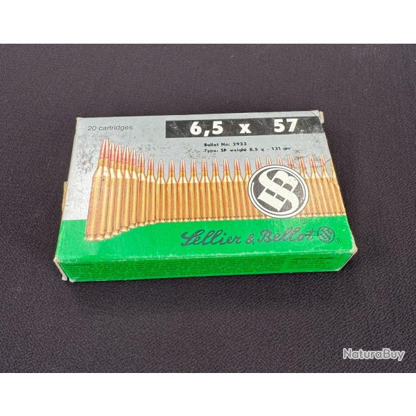 1 boite de cartouche avec 6 cartouches calibre 6,5x57 de marque Sellier Bellot