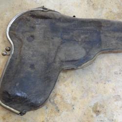 grand holster &eacute;tui ancien chevreau pistolet 7.65 fermeture porte monnaie usure avec trou