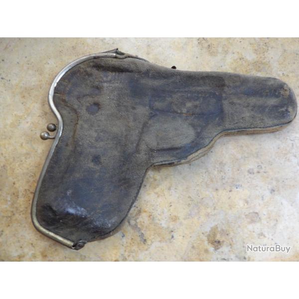 grand holster �tui ancien chevreau pistolet 7.65 fermeture porte monnaie usure avec trou