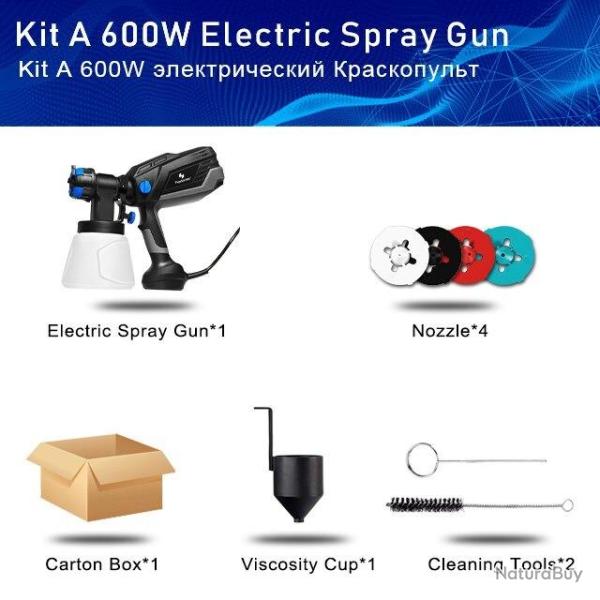 Pistolet Pro a Peinture Vernis Lasure 600W 4 Buses-Kit A