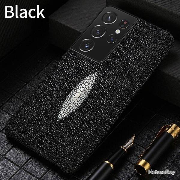 Coque Luxe Samsung Cuir Raie Stingray Galuchat-Noir-Galaxy S21