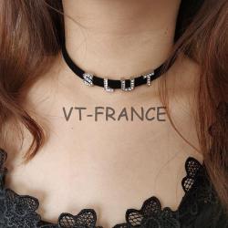 Collier Cuir Velours Strass Personnalisable-1-5 Lettres