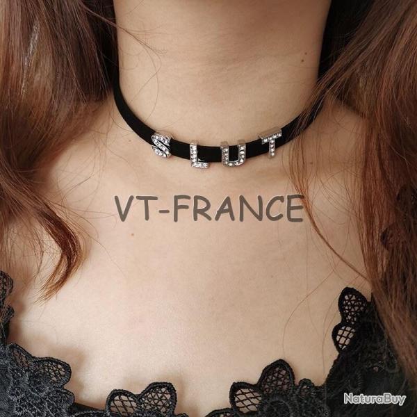 Collier Cuir Velours Strass Personnalisable-1-5 Lettres