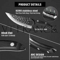 Couteau Chasse Cuisine Boucher Forge Main-Noir + Etui