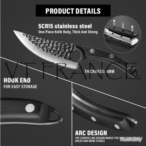Couteau Chasse Cuisine Boucher Forge Main-Noir + Etui