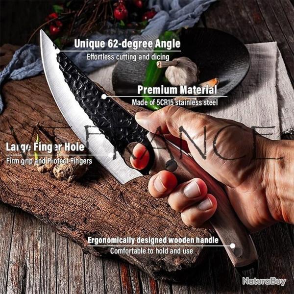 Couteau Chasse Cuisine Boucher Forge Main-Marron + Noir