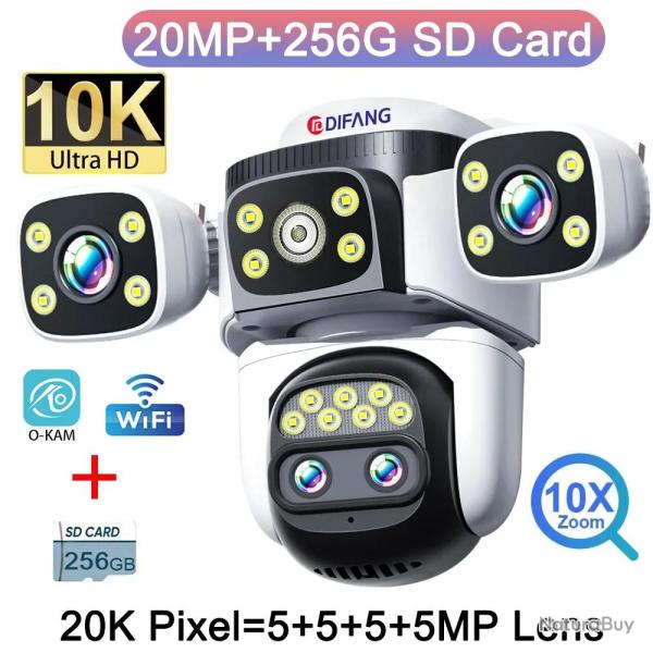 Camera IP Wifi 4 Objectifs 20MP Zoom 10X PTZ  AI-Avec MicroSD 256GB