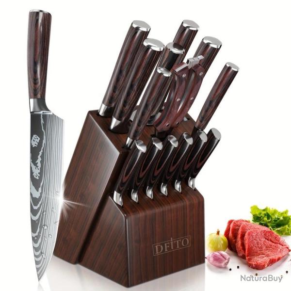 Set Couteaux de Chef Pro Inox Motif Damas-15pcs