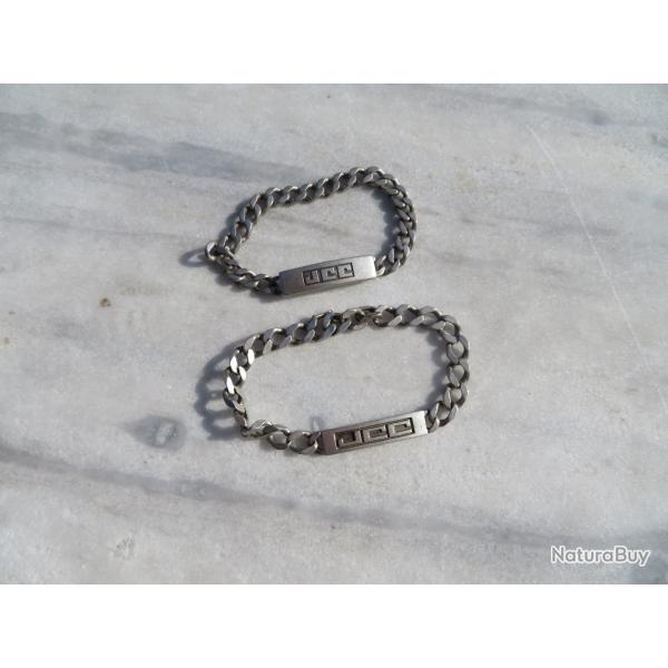 2 anciens bracelets gourmettes en argent � larges mailles avec inscriptions ''JCC" FRANCE (Vers1930)
