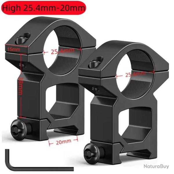 Colliers/Anneaux 20mm Rail Weaver/Picatinny HAUT Large 15mm Diam�tre 25.4mm Lunette de Vis�e lampes