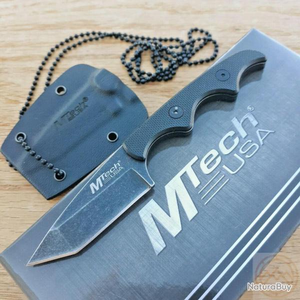 Couteau de Cou MTech Neck Lame Acier Inox Stonewash Manche G-10 Etui Kydex avec chainette T673
