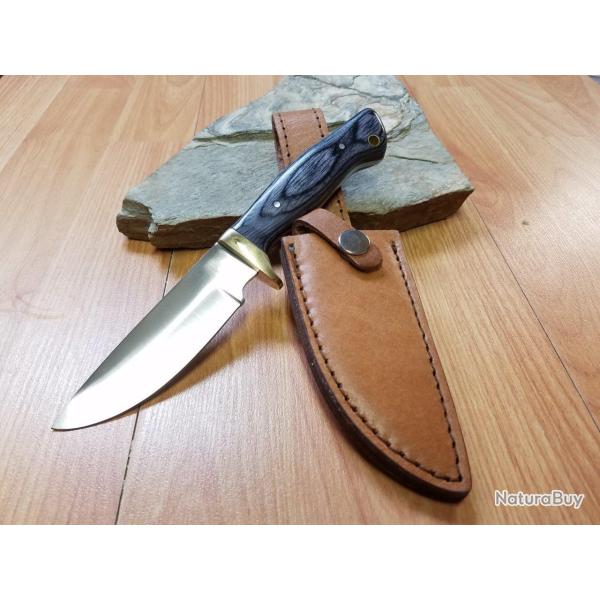 Couteau de Chasse Bushcraft Lame Acier Carbone 1055 Manche Bois Etui Cuir 361BK