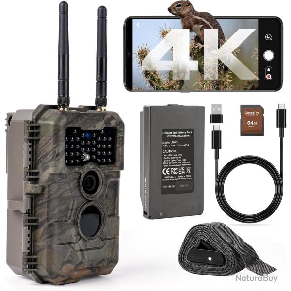 Cam�ra de Chasse WiFi 4K 64MP GardePro E6 2.0 Pro Batterie 7800mAh Carte SD 64Go Vision Nocturne