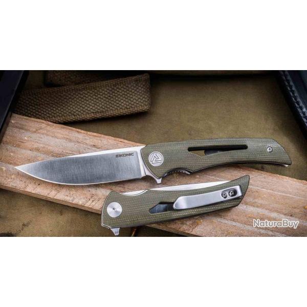 Couteau Eikonic Aperture Lame Drop Point Acier D2 Manche Micarta Vert OD Liner Lock Clip EKC551SGN -