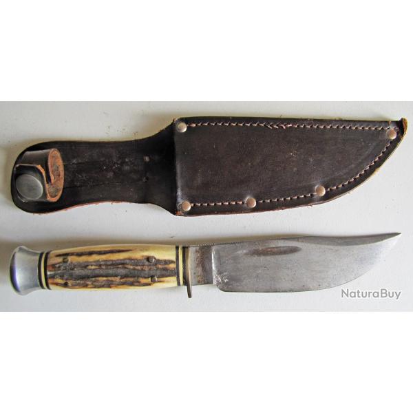 COUTEAU DE CHASSE, Sabatier, acier fondu. Avec �tui. ancien