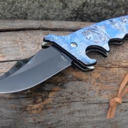 Couteau De Trappeur Defender Semi Automatique Lame Acier 420 Noire Manche Motif Loups Linerlock 07wf