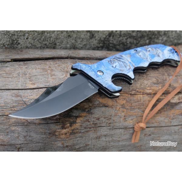 Couteau De Trappeur Defender Semi Automatique Lame Acier 420 Noire Manche Motif Loups Linerlock 07wf