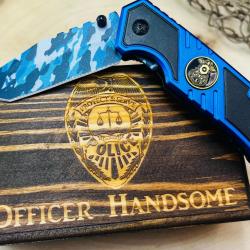 Couteau Semi Automatique Tactical Rite Edge Lame Tanto Camo 3Cr13 Manche Blue Alu Police 98PO