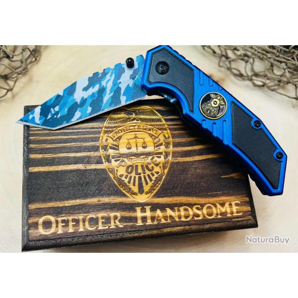 Couteau Semi Automatique Tactical Rite Edge Lame Tanto Camo 3Cr13 Manche Blue Alu Police 98PO