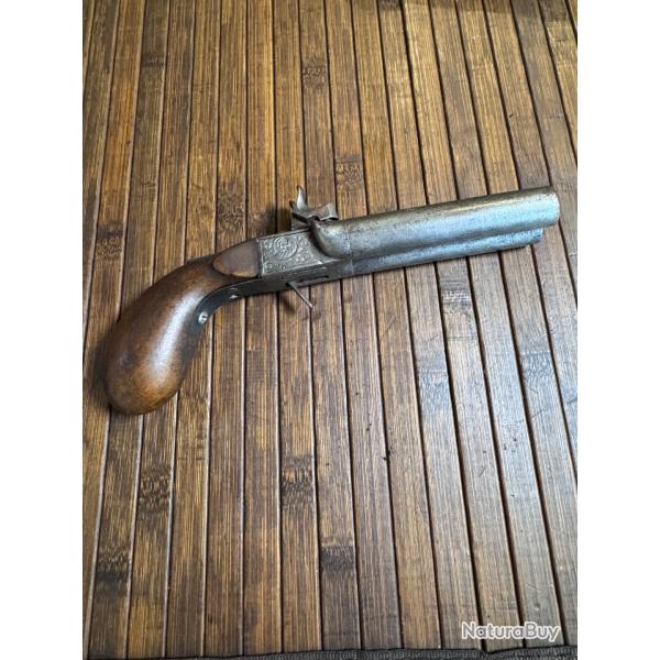 PISTOLET A PERCUSSION JUXTAPOS�S DE DEFENSE CIRCA 1840-50 ARME GRAV�E EN L'�TAT