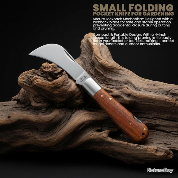 Couteau Pliant Serpette Lame Hawkbill Acier 3Cr13 Finition Satin�e Manche Bois Marron Lockback 0600